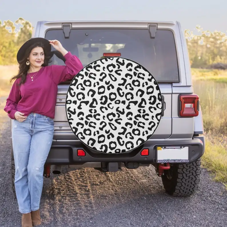 

White Cheetah / Leopard Print - Spare Tire Cover For Car Wrangler, Car Liberty, 2021 Bronco, RV, Camper - Optional Backup Came