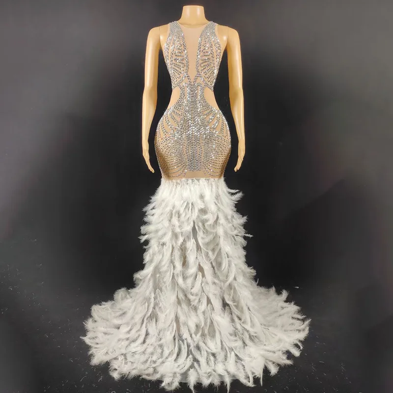 

Diamond Birthday Costume New Shiny Diamond Noble Wedding Dress White Girl Mermaid Ball Feathers Night Abito Luxury Elegante Gala