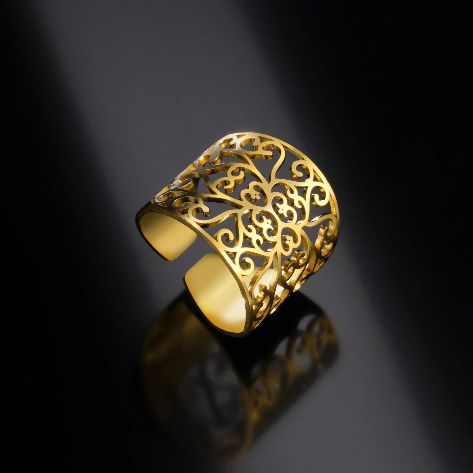 Hollow Rattanman Floral Pattern Openwork Ring for Women New Fashion Stainless Steel Gold Silver Color Finger Ring Jewelry Gift