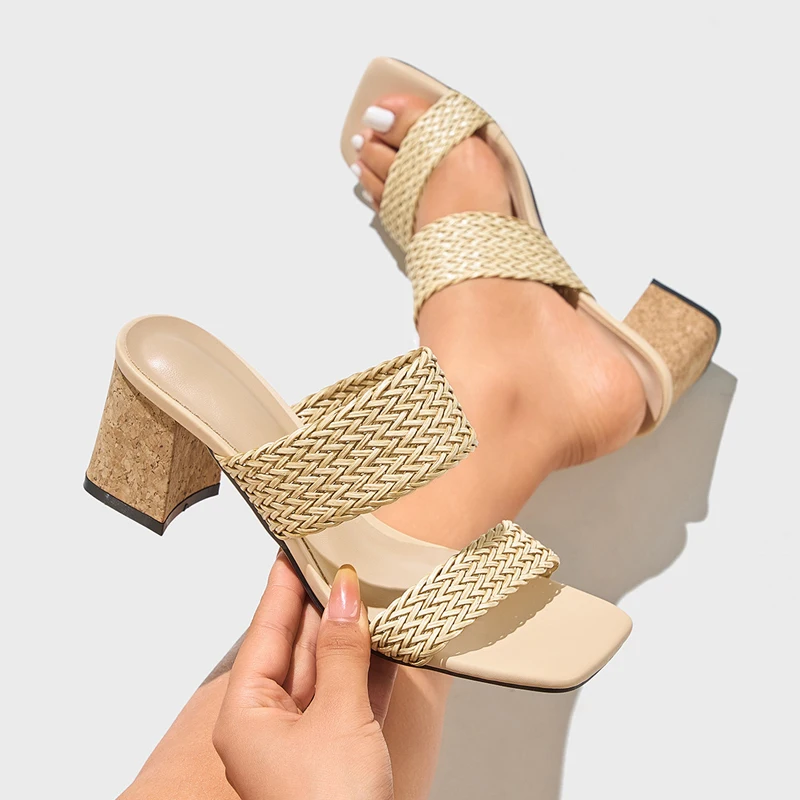 الصيف النساء النسيج أحذية رئيس مربع النعال بلون حذاء بكعب عالٍ مكتنز الانزلاق على الشرائح مثير مأدبة الحفلات البغال Zapatos #3