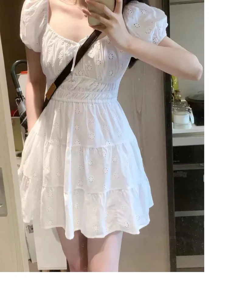 Puff Sleeve Solid Color White Sweet Women Dress 2024 New Hollow Out Embroidery Chic Summer Dress A-line Fashion Woman Clothing