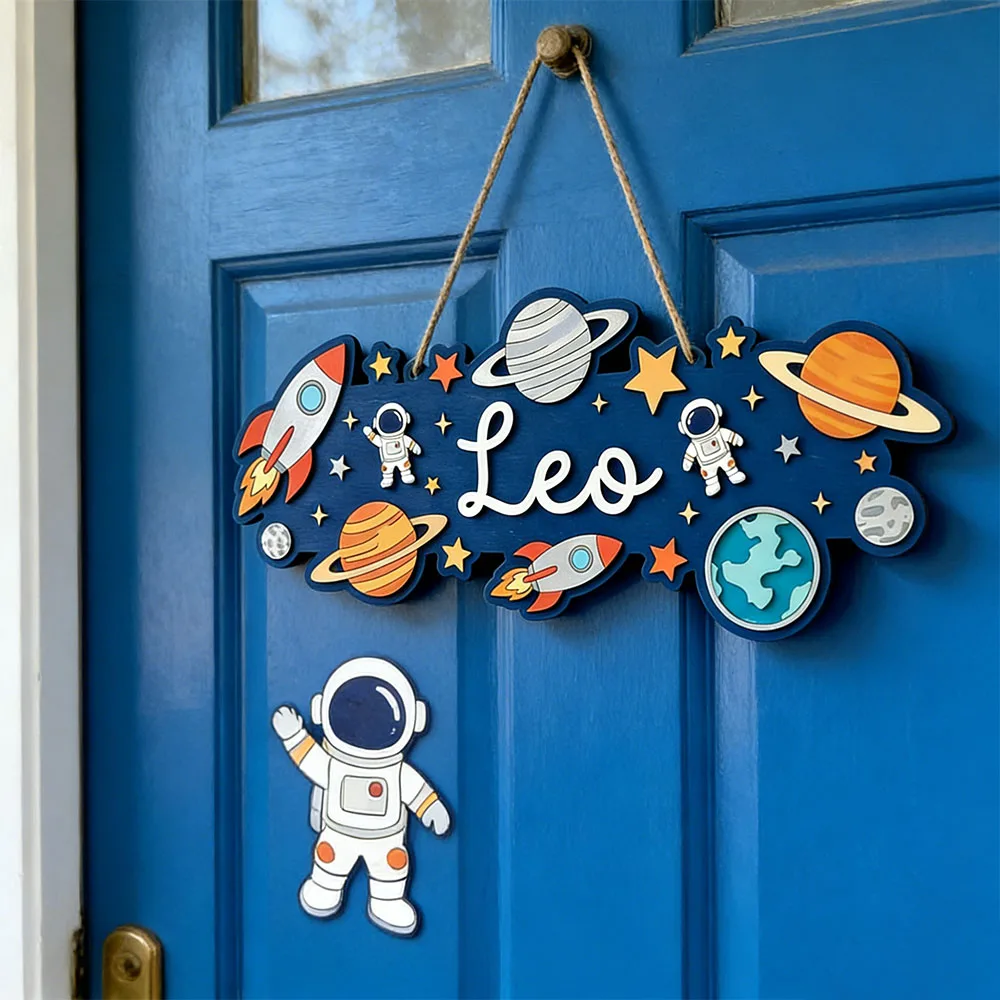 Custom Outer Space Wooden Name Sign, Personalized 3D Hanging Plaque with Astronaut, Rocket & Planets, Neutral Galaxy Nursery Dec