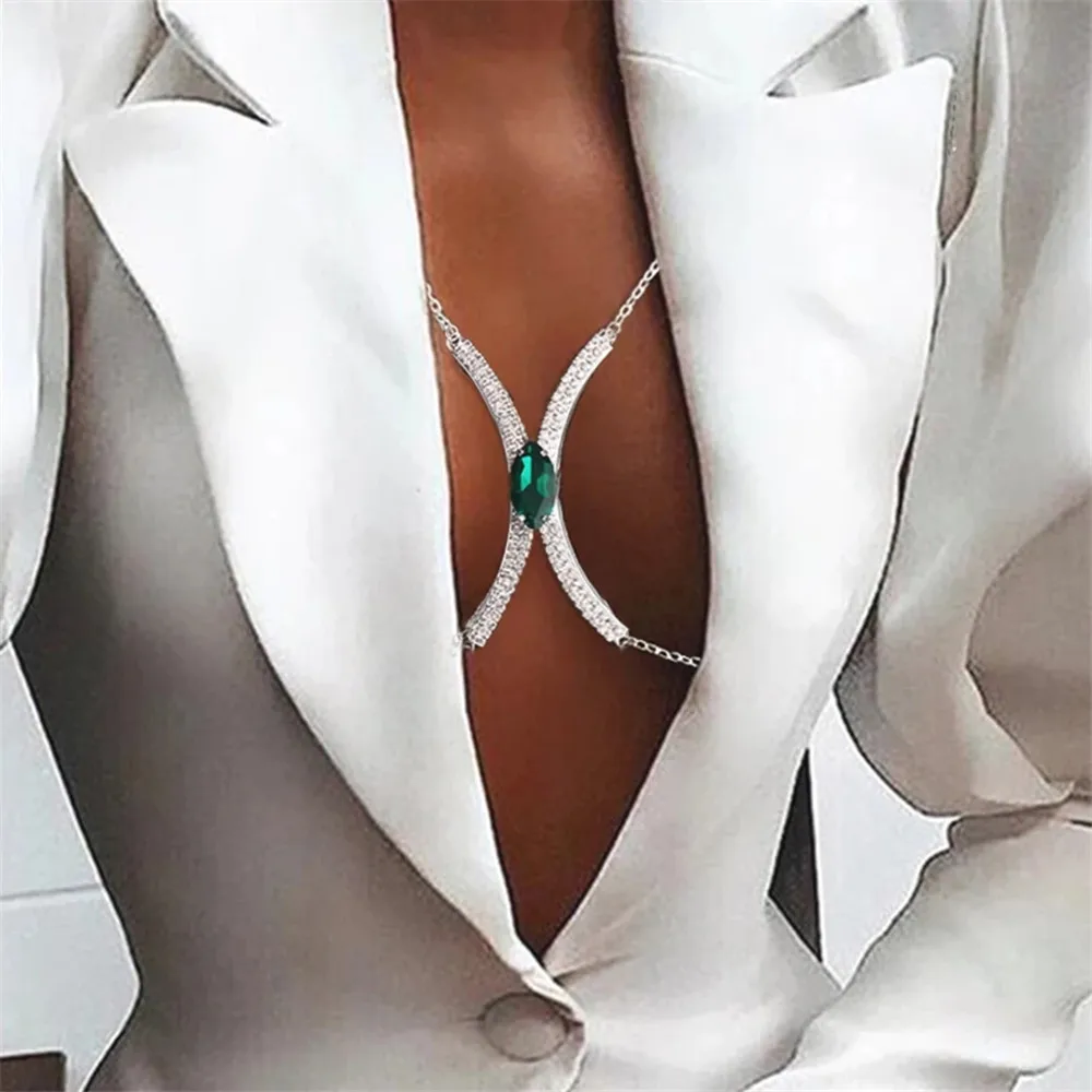 Vintage Green Eye Stone Rhinestone Crystal Sexy Chest Chain Bracket Bra Harness Body Necklace Bikini top Body Jewelry for Women