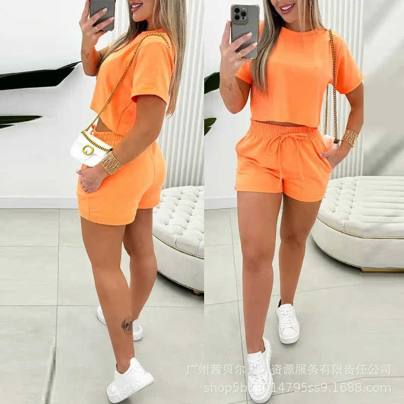 O-neck Top & Pocket Design Drawstring Shorts Set Women Summer Solid Color Short Sleeve T Shirt Shorts Pants Suit