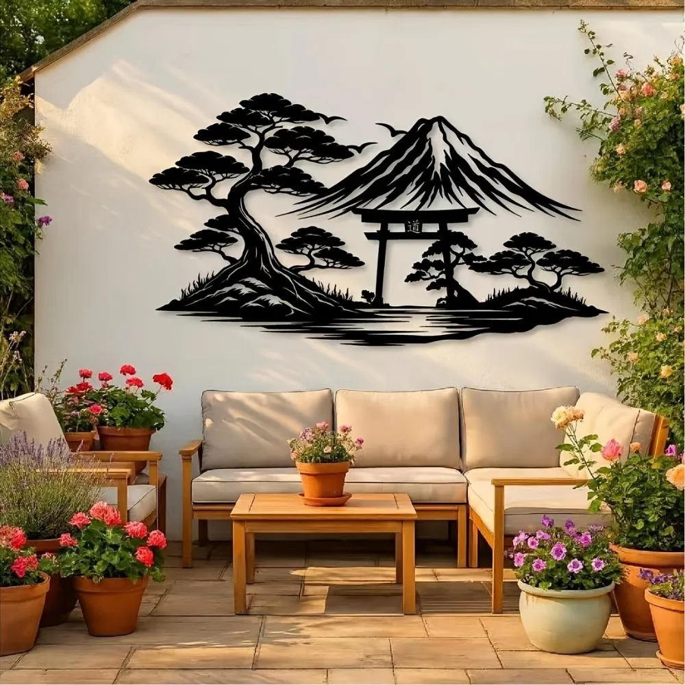 CIFBUY Iron Wall Art,2D Flat Laser Cut Mount Fuji Torii Gate Metal Hanging Sculpture,Rustproof Powder‑Coated Wall Decor