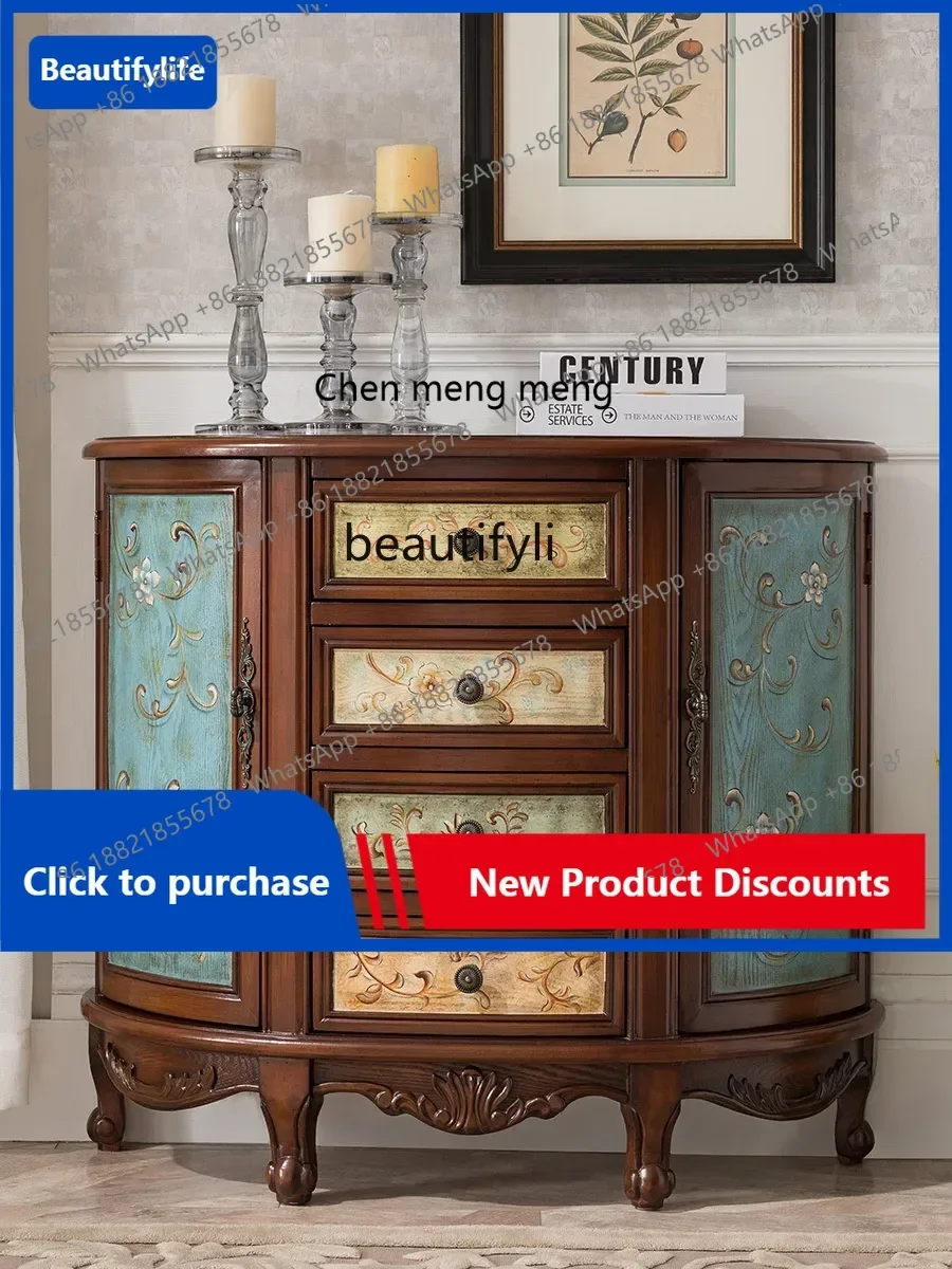 C85 American Style Semicircle Entrance Cabinet Vintage Painted Home Wall Lobby Solid Wood European Style Living Room Side Cabine