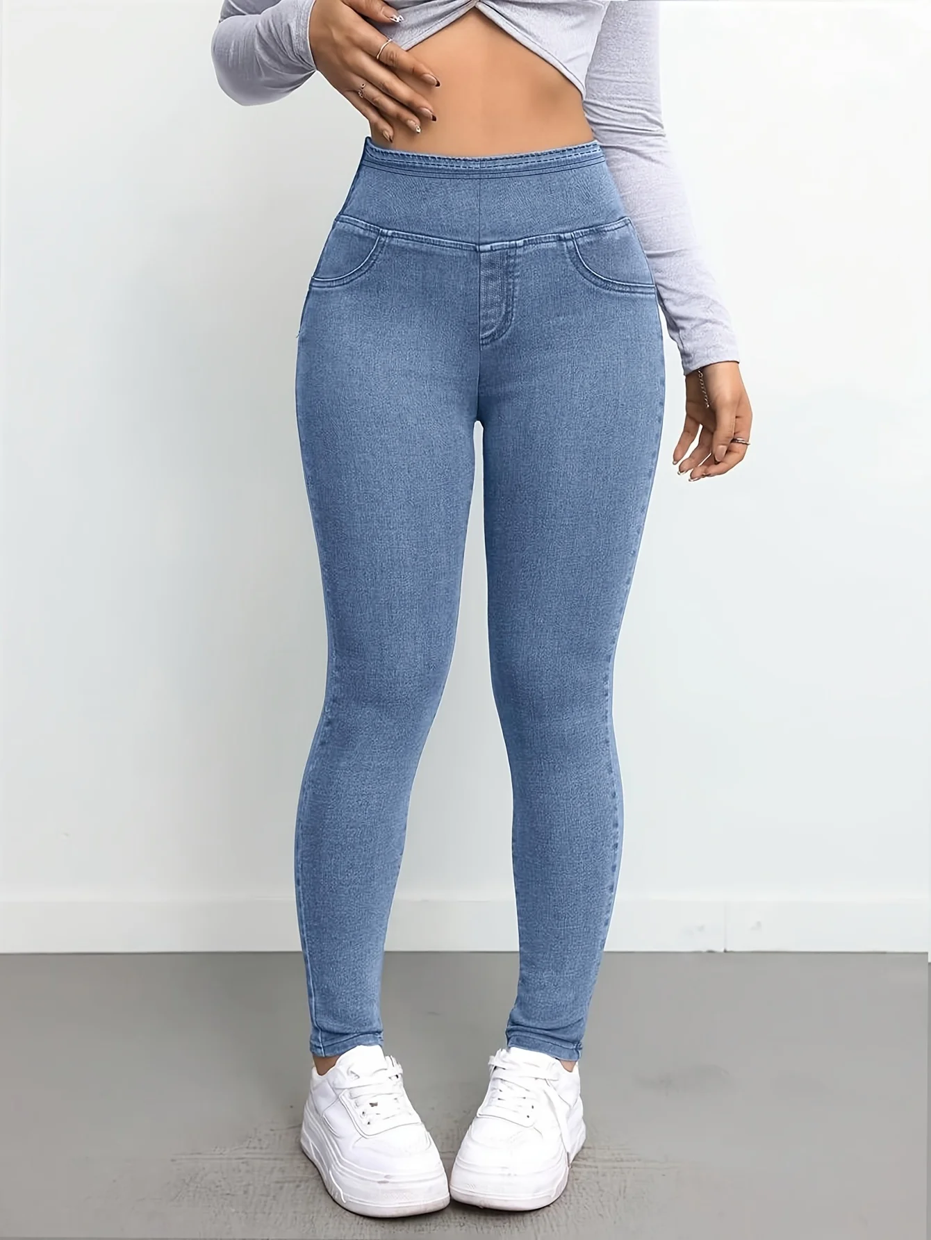 Women's Slim Fit Autumn Leggings with Full Length Denim-Look Floral Print Casual and Comfortable Workout Pants