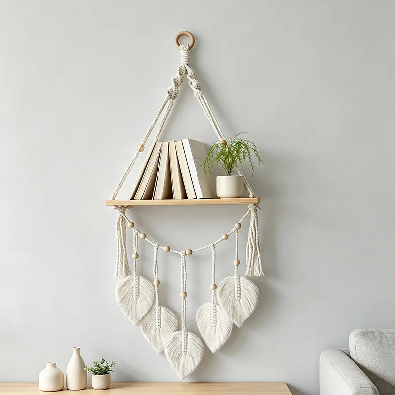 Boho Macrame Wall Hanging Shelf Hand Woven Leaf Tassel Wooden Floating Wall Storage Rack Home Decor