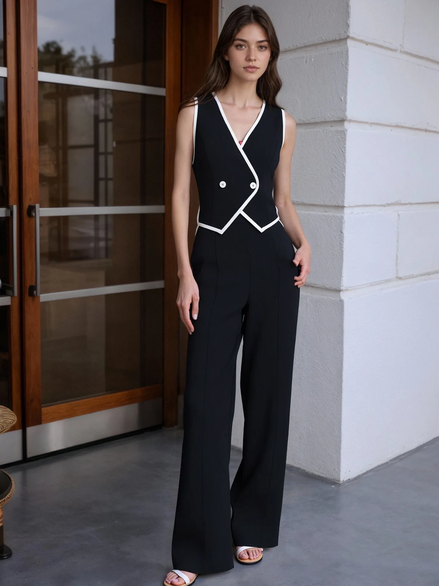 

Spring Loose Straight Pants Suit Women Sleeveless V-neck Vest Tops+high Waist Slim Long Trousers Autumn Female Two-piece Set