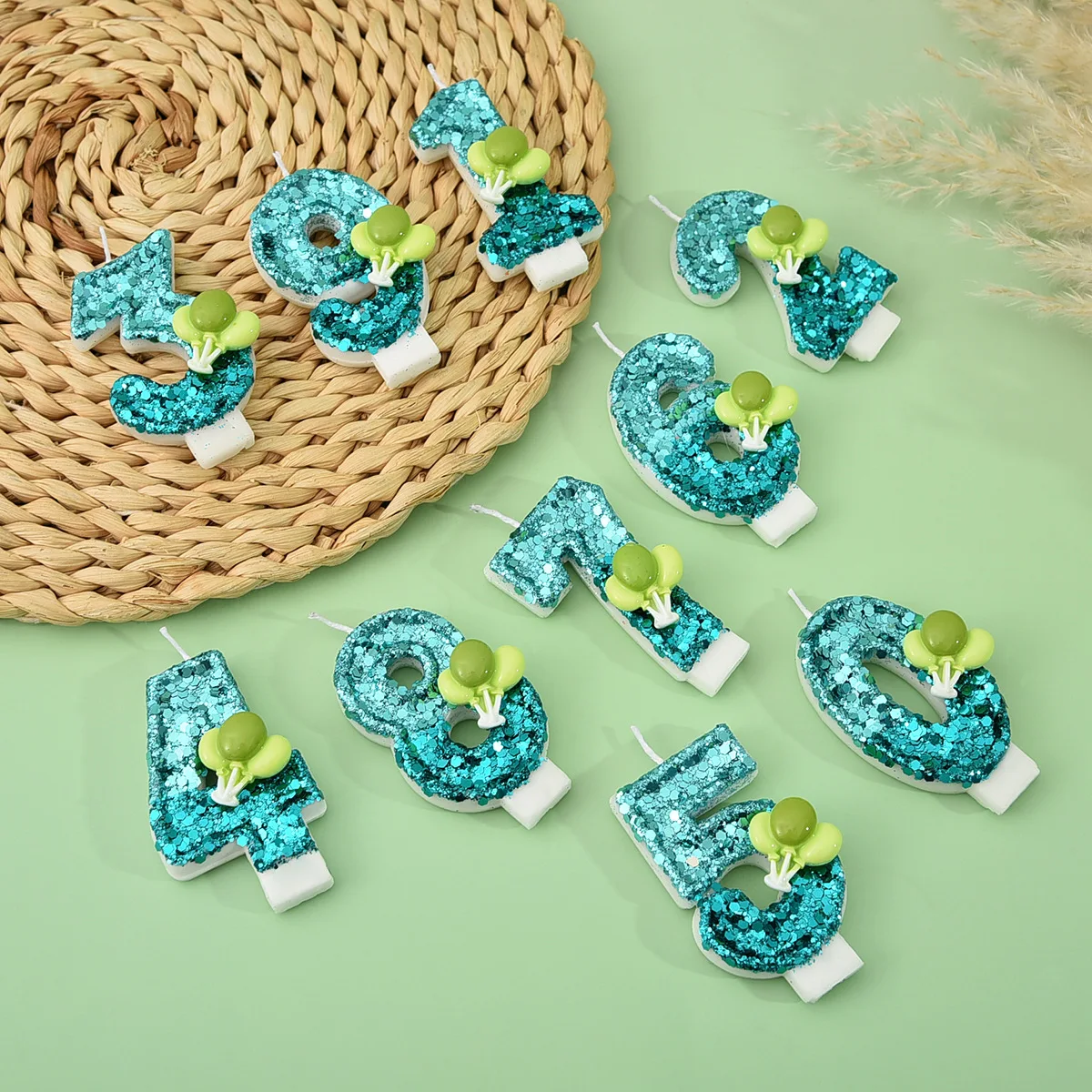 Blue lake sequin three-dimensional green balloon digital candle, party gift, birthday and anniversary candle