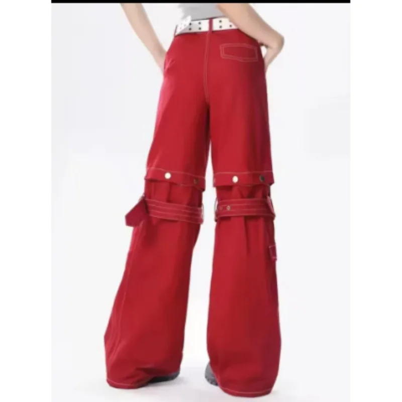Vintage Y2k Red Baggy Cargo Pants Women Hip Hop Gothic Punk Hippie Removable Wide Leg Denim Pants Streetwear Casual Jeans New