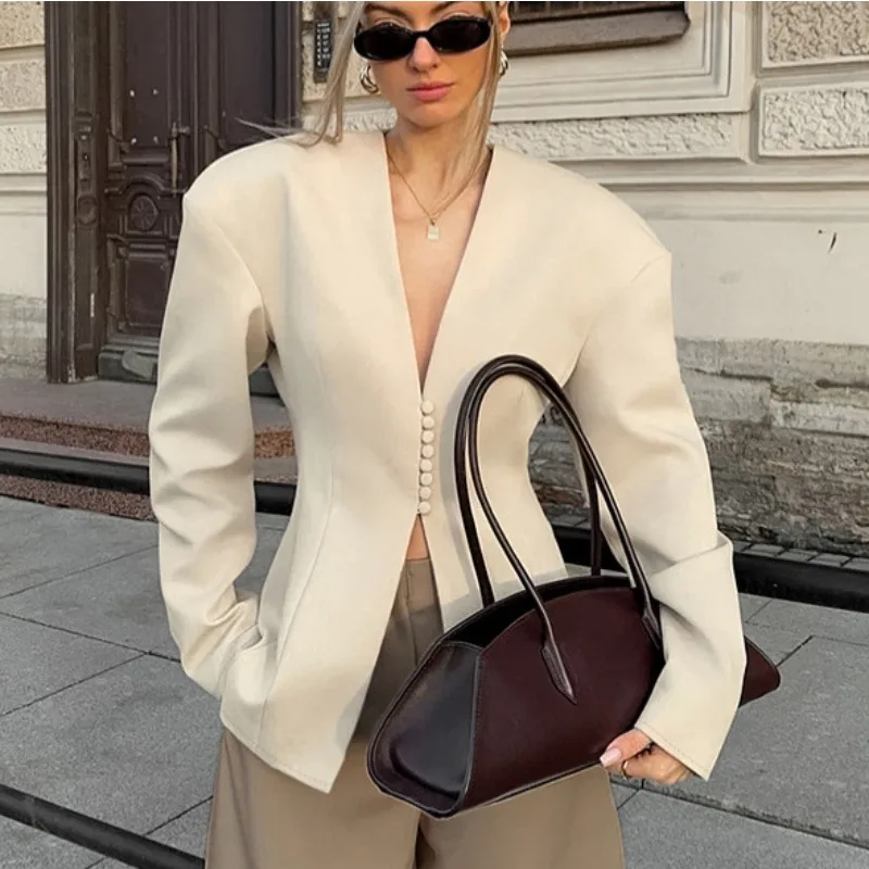 Apricot V Neck Fitted Blazer Long Sleeve Padded Shoulder Slim Waist Tailored Women Streetwear Jacket 260901