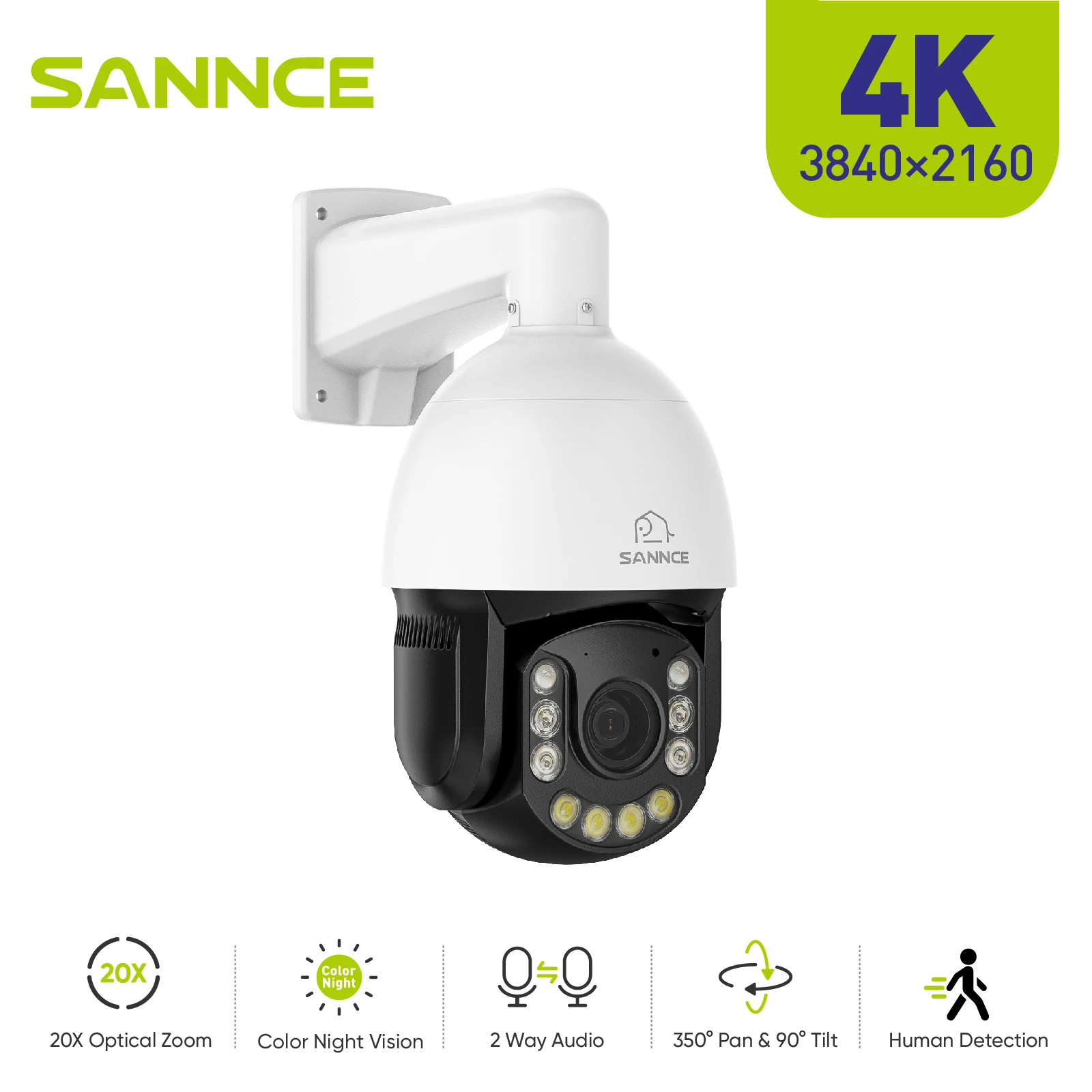 Cámara de seguridad SANNCE 4k, Audio bidireccional, Onvif, Zoom óptico 20X, cámara CCTV para el hogar, visión nocturna en color, cámaras IP PTZ, seguimiento automático