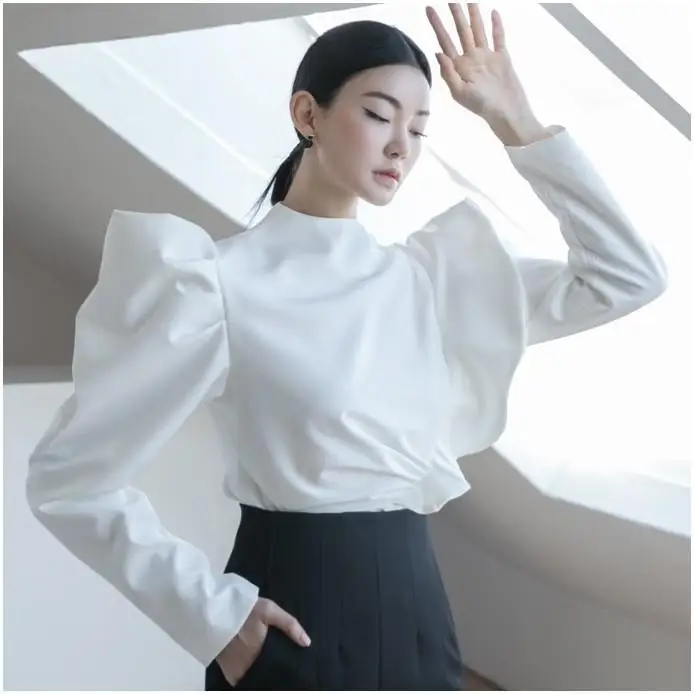 2023 T-shirt Long sleeved ruffled high collar solid color top with back cardigan zipper  womens tops and blouses