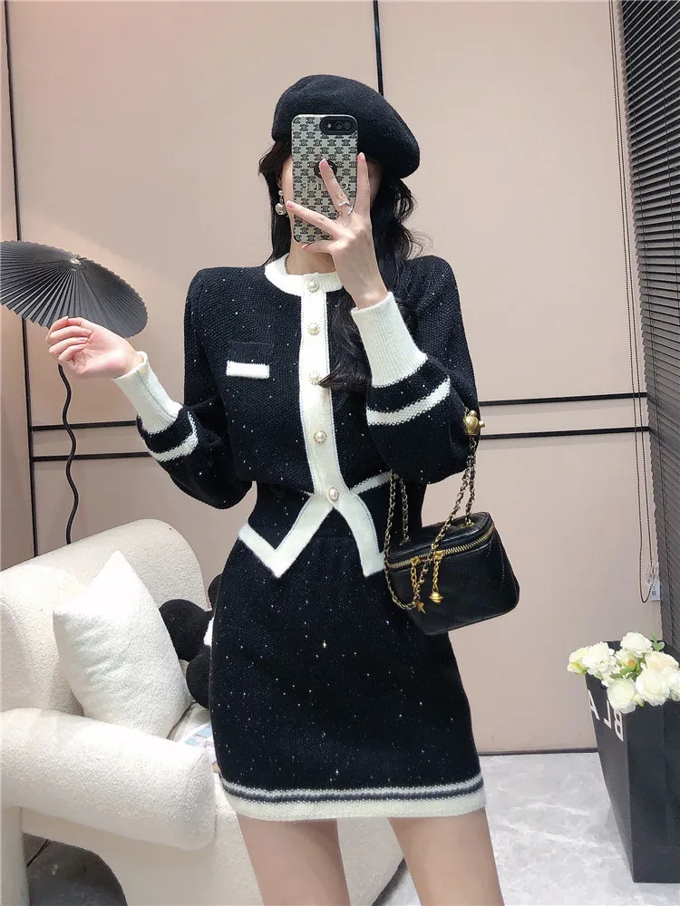 2 Piece Dress Set 2023 Korean Office Lady Outfit Kawaii Full Sleeve Short Knitted Sweater Vintage Slim Mini Punk Skirts Suits