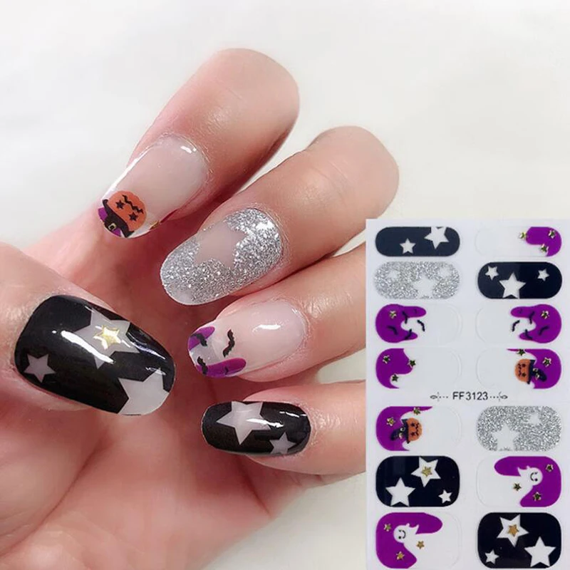 Envolturas de uñas de salón para mujer, pegatina de Halloween DIY, calcomanías de cubierta completa, decoraciones de esmalte de manicura, prensa en uñas