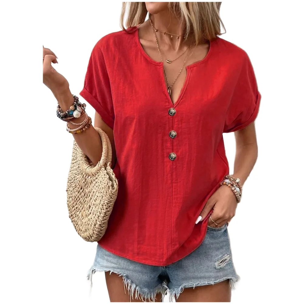 V Neck Batwing Sleeve T Shirt for Women Summer Loose Fit Casual Top with Twist Design Solid Color Short Sleeve Spandex Blouse