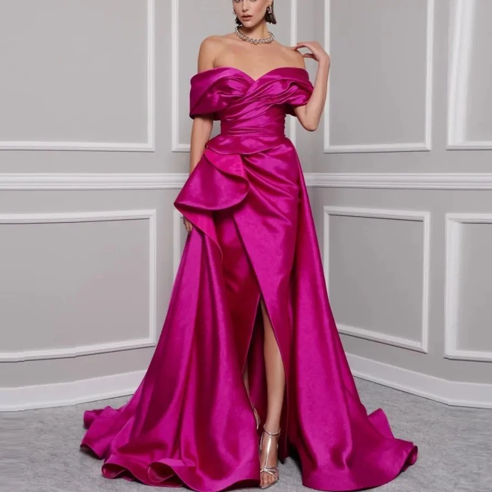 

Ярко-розовые атласные женские платья для выпускного вечера, стильное платье без рукавов со складками и скользящим шлейфом, модное коктейльное платье по индивидуальному заказу