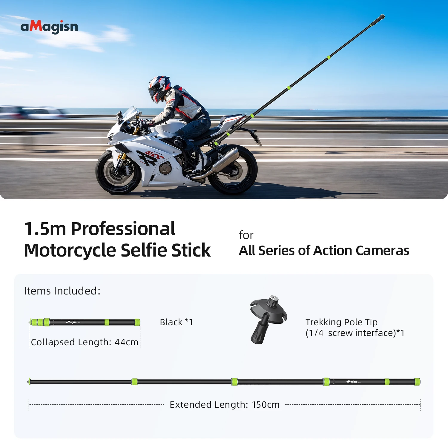 aMagisn 1.5m / 1.1m Motorcycle Selfie Stick 1/4” Threaded Metal Telescopic Pole for GoPro DJI Insta360 X6 X5 X4 Air Accessories image 3