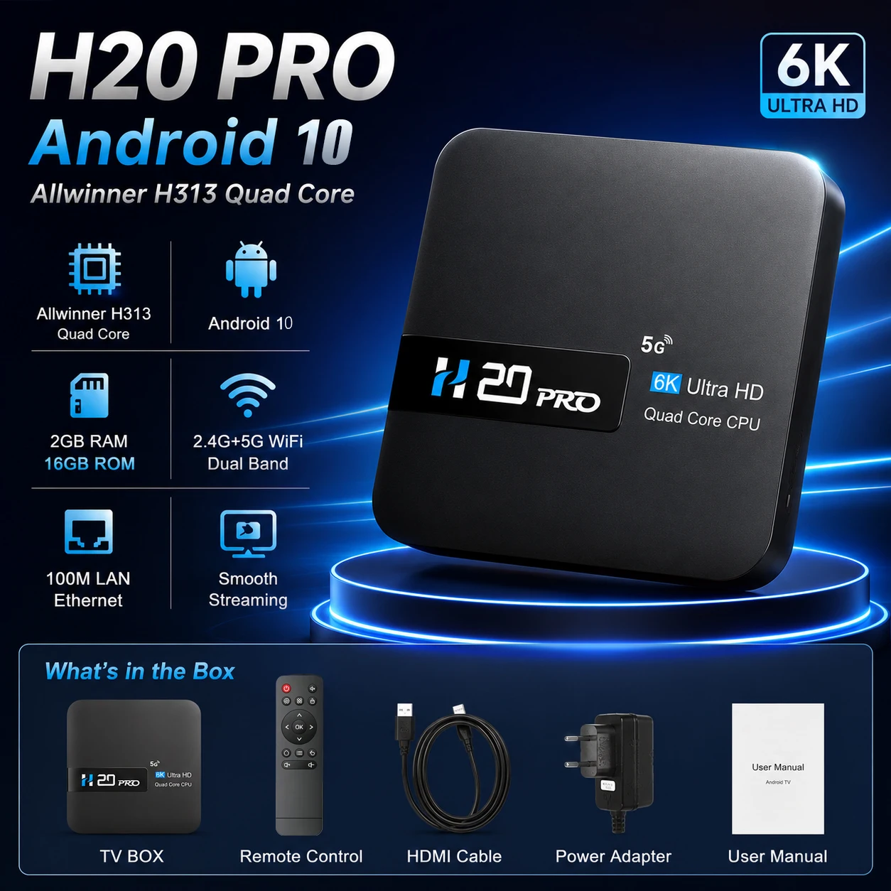 LINGLAN H20PRO Android TV Box WiFi6 Android 10 6K 4K 3D Play H313 Quad Core 2.4G5G Dual WiFi 1GB RAM 8GB ROM Global Media Player