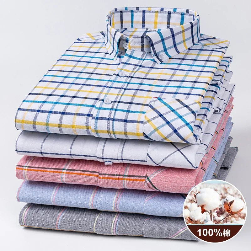 Camisas Oxford de manga comprida masculina, xadrez listrada, algodão puro, design de bolso esquerdo, ajuste regular, negócio, botão diário, moda