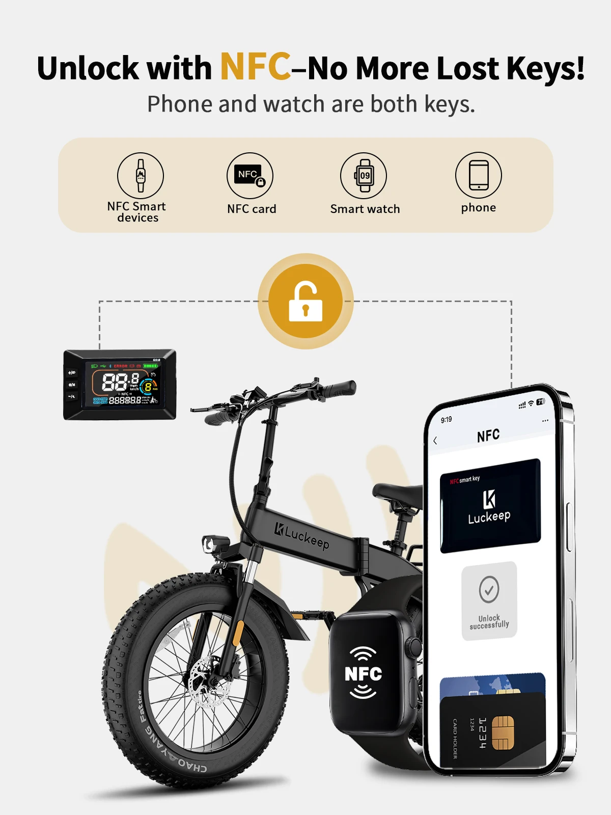 Luckep X1 Lite Bici elettrica pieghevole per adulti Motore di picco da 1500 W, 28 MPH60 miglia, 15AH 20 x 4.0 Ebike con pneumatici grassi con NFC/Antifurto