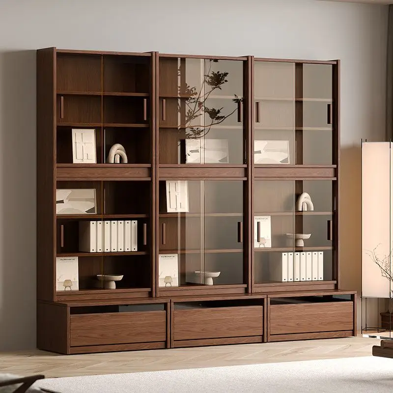 

Комбинированный книжный шкаф-стеллаж из массива дуба с каркасом из картона, со стеклянным основанием, для офиса, простой, из орехового дерева, для кабинета