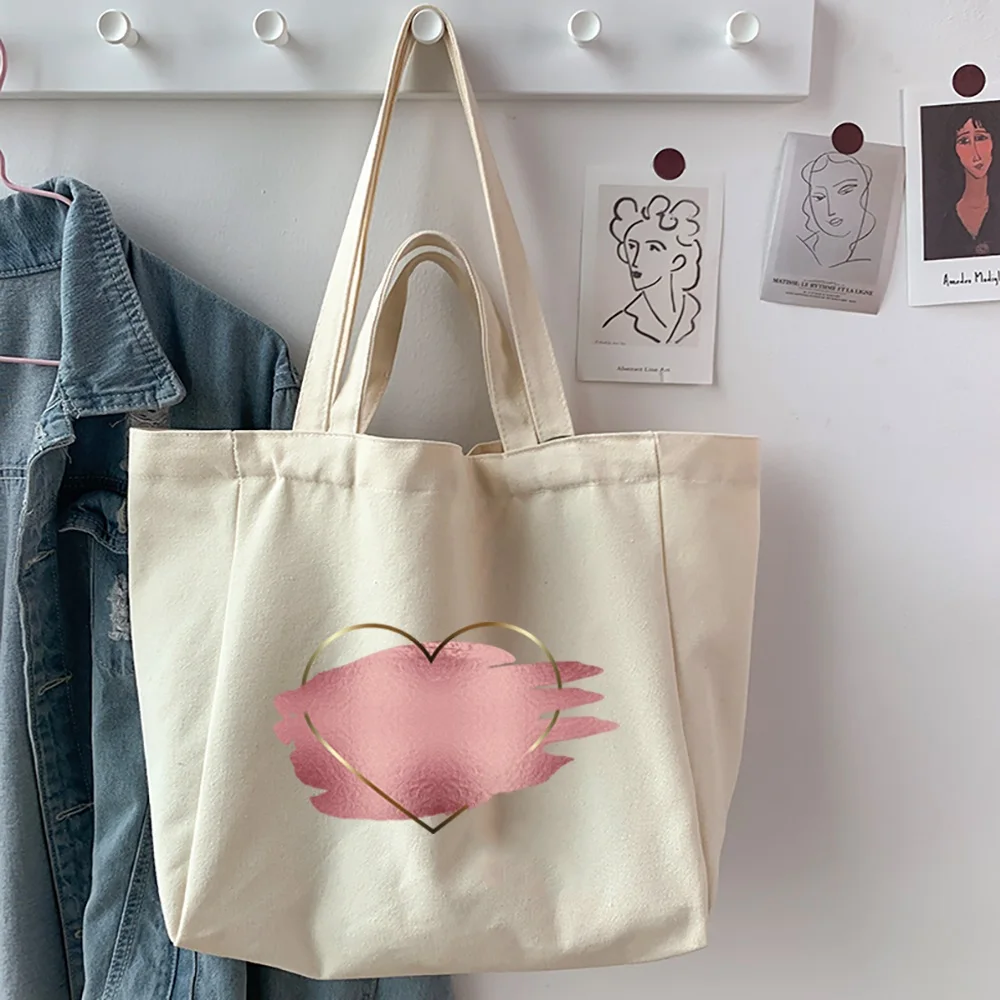 Tote Bags Portable Women's Shopping Bag Canvas Shopper Handbag Bags Love Pattern Printed Grocery Foldable Shoulder Bag