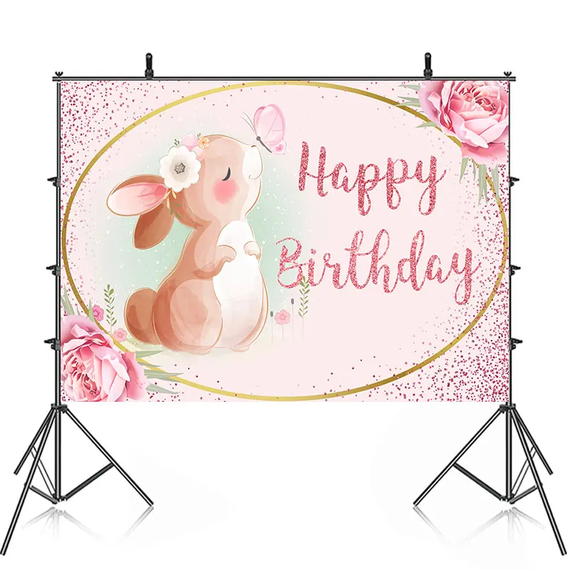 Happy Christening Baptism Birthday Party Backdrop Photography Baby Shower Cute Bunny Rabbit Background Banner Custom Name Pic