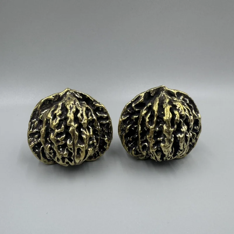 Antique collectible copperware: solid ornament, brass disc walnut handpiece decoration