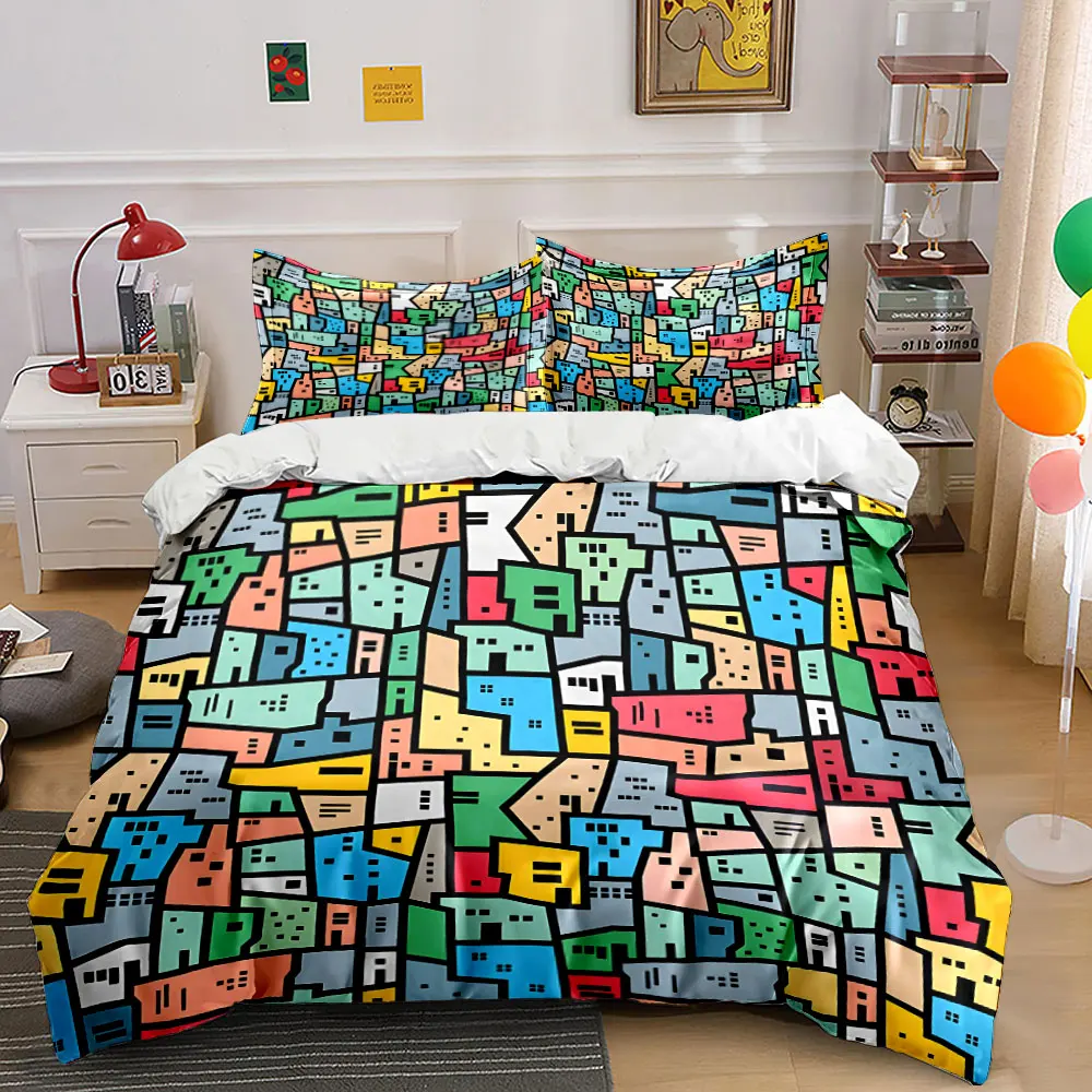 Buntes Bettwäsche-Set mit abstraktem geometrischem Muster, 1 Bettbezug, 2 Kissenbezüge für Erwachsene und Kinder, Luxus-Geschenk, volle Größe