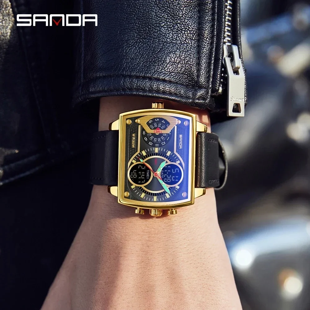 

SANDA 2024 New Luxury Mens Watches Top Brand Fashion Digital Quartz Dual Display Wristwatch For Men Clock Relogio Masculino 6032