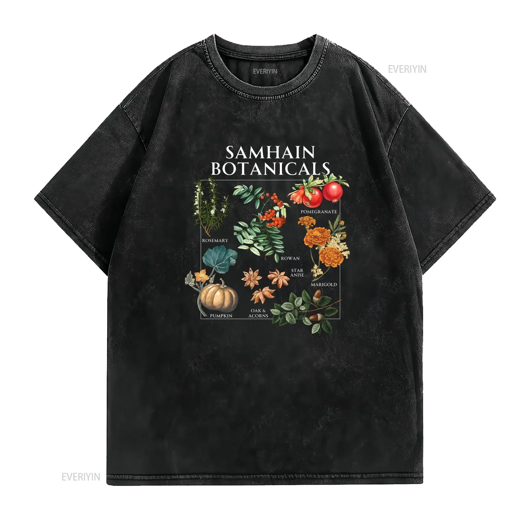 Camiseta de Herbología Samhain Botanicals Cottagecore Bruja Rueda del Año Verde Tabla Hierbas Flores Silvestres Suave vintage