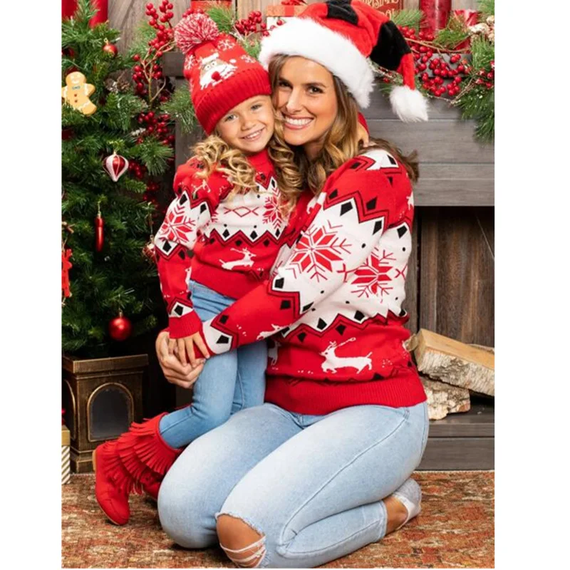 2024 Winter Christmas Family outfit New long sleeve sweater Christmas Cross Border children's Ladies Christmas red sweater 2-6 Y