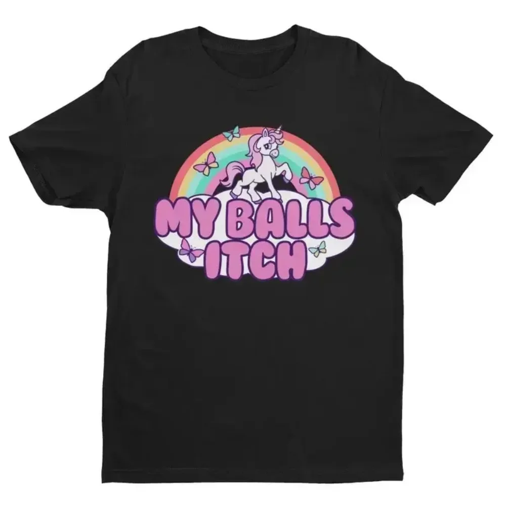 Lustiges Meme-T-Shirt „My Balls Itch“ – Ironisches Einhorn-Regenbogen-T-Shirt – Peinliches, seltsames, witziges Meme-T-Shirt mit unangemessenem Zitat – Y2K-Witz – Detail 5