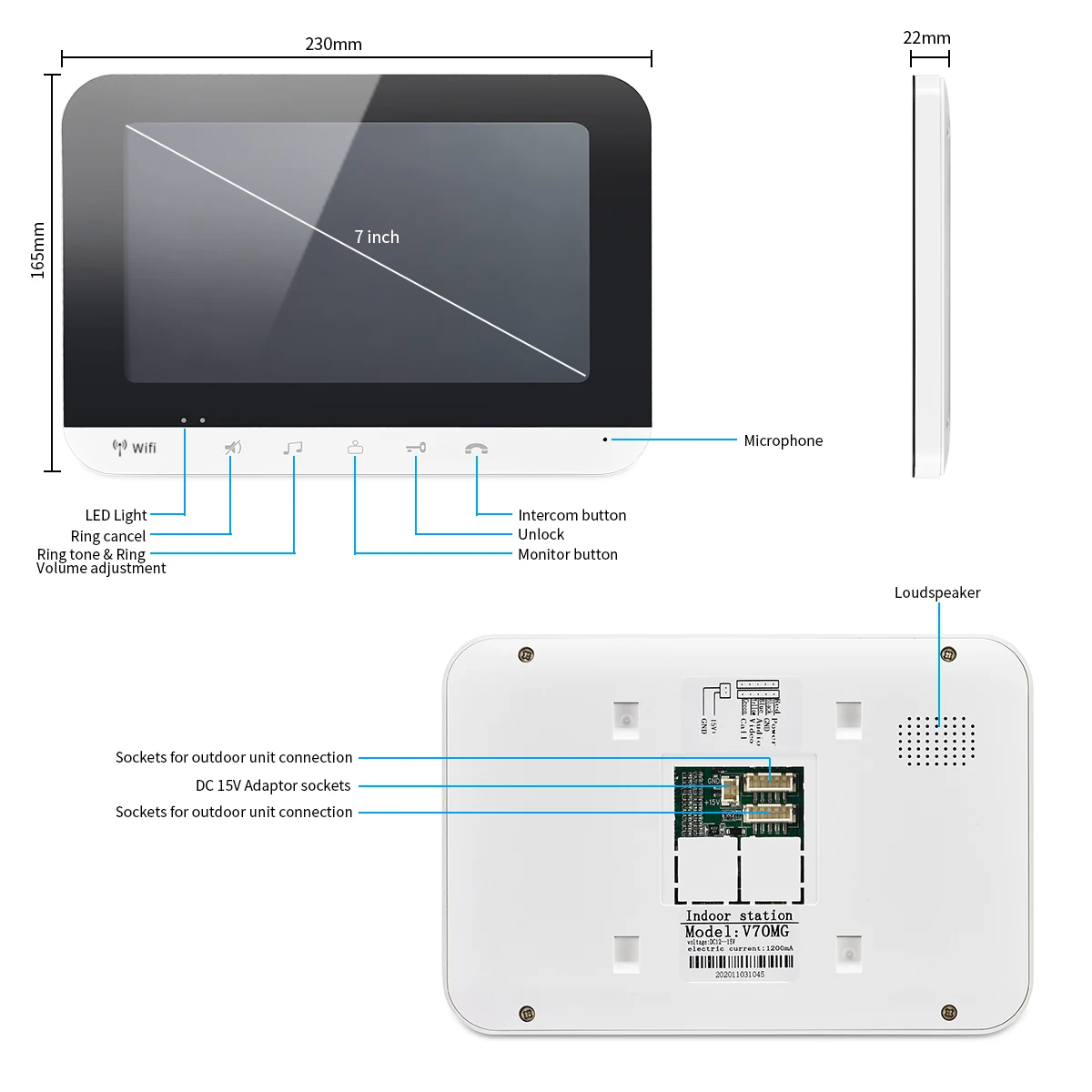 TUYA APP WiFi Unlock Video Doorbell Doorphone Intercom 7'LCD Apartment Camera Night Vision Rainproof