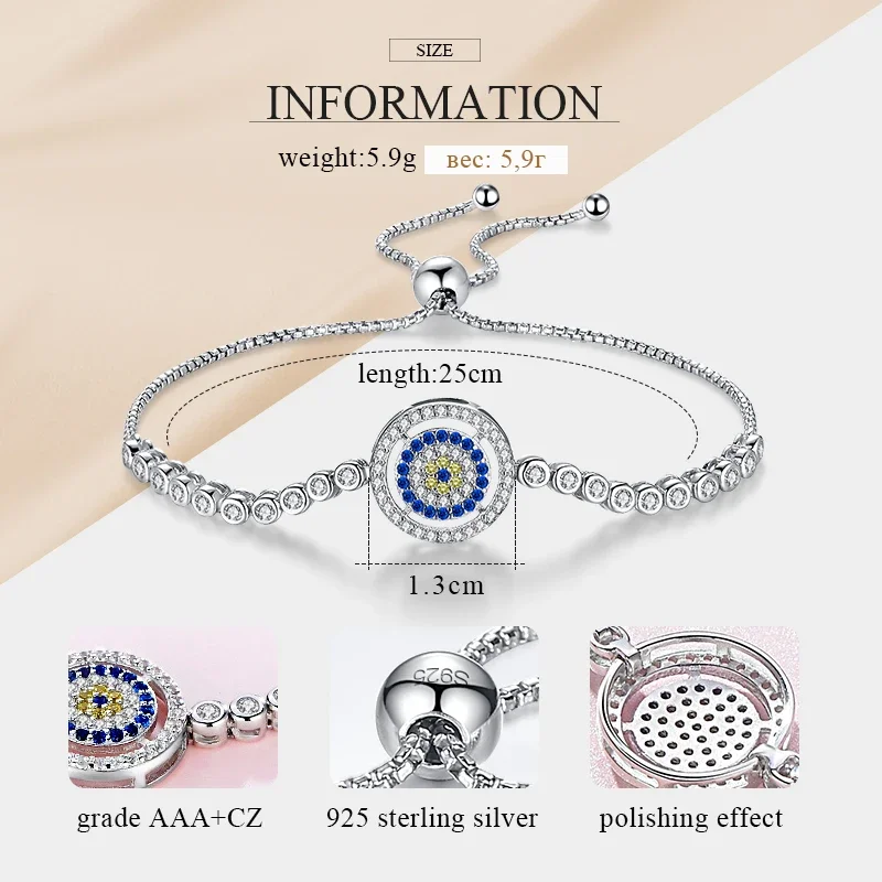 KALETINE Pure 925 Silver Bracelet Adjustable Beads Evil Eye Blue Cubic Zirconia Tennis Bracelets For Women Mens Jewelry KLTB015
