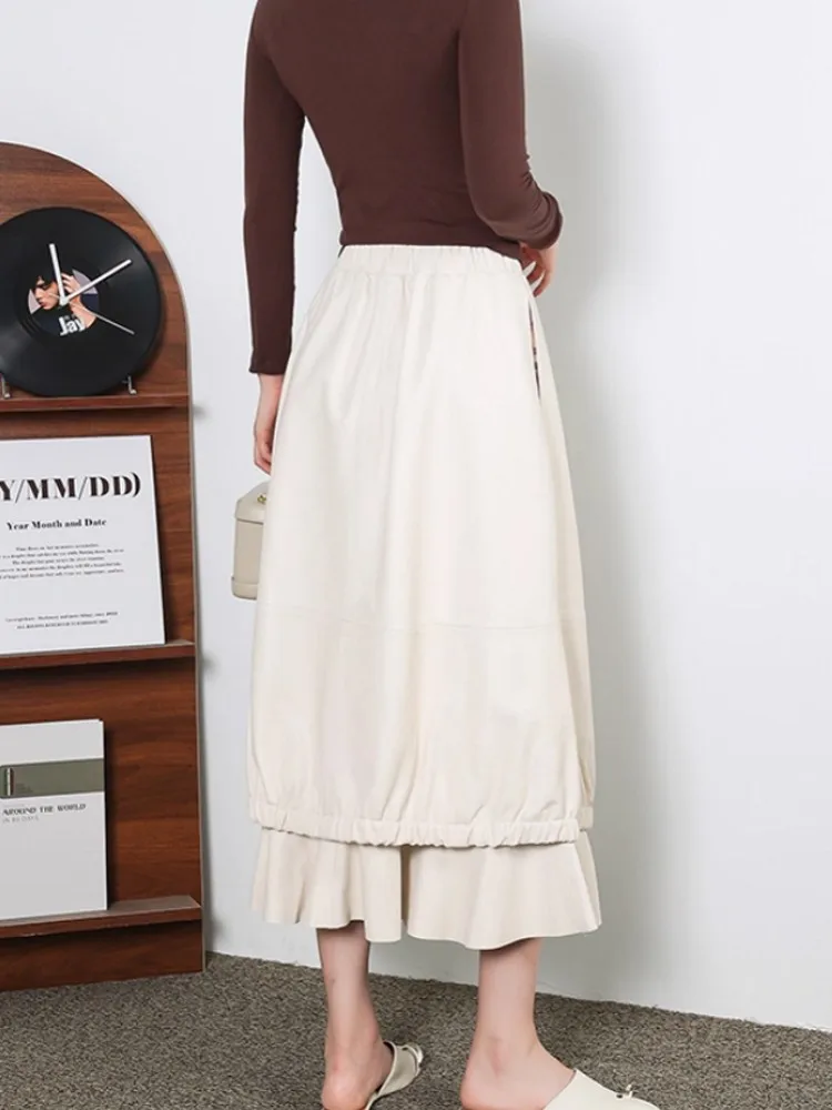 Vintage Autumn Women Mid Calf Long Ruffles Bud Skirt Elastic Waist Sheepskin Genuine Leather Skirts Elegant Ladies Loose Fit 4XL