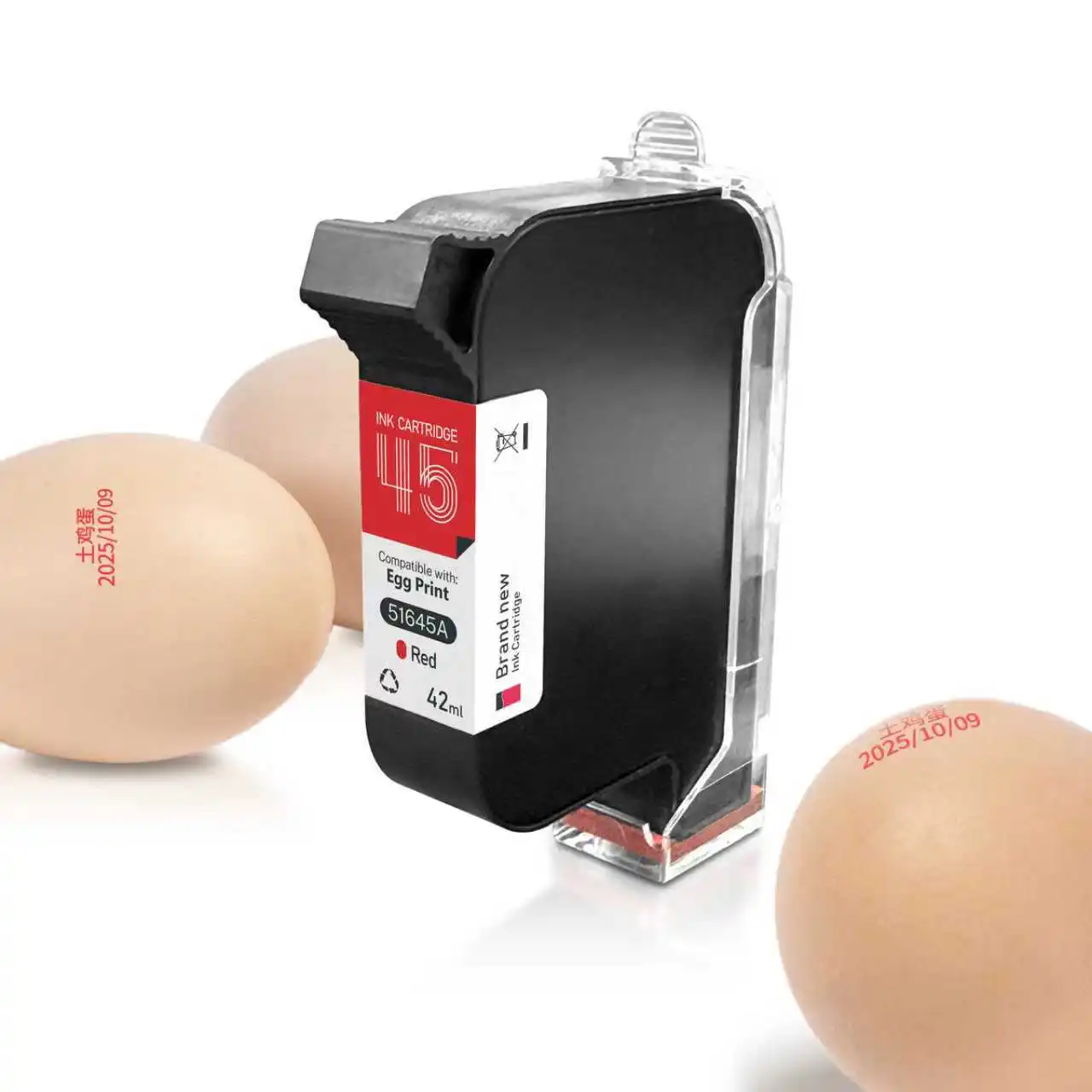[1x 12.7mm Red] HP45 Egg Print Date Water-based Bright Red Ink Cartridge 51645A Oil based Egg Stamping Online Inkjet Coding