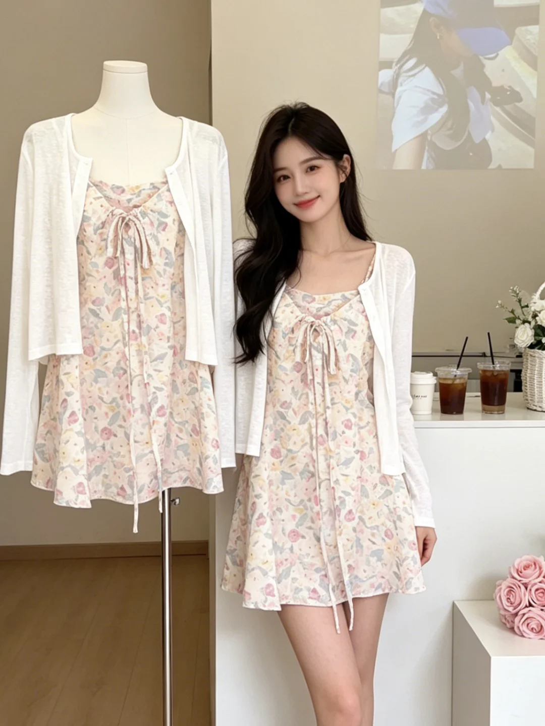 

Korean Style Sweet Floral Print Sleeveless Strap Vest Women's Summer Slim Fit Thin Cardigan Top Long Sleeve mid Length Spring...