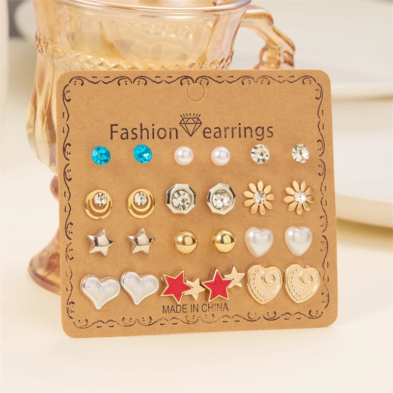 12 Pairs/Set Rose Moon Star Heart Stud Earrings for Girls Women Trendy Colorful Butterfly Dog Geometry Jewelry Pierced Gifts
