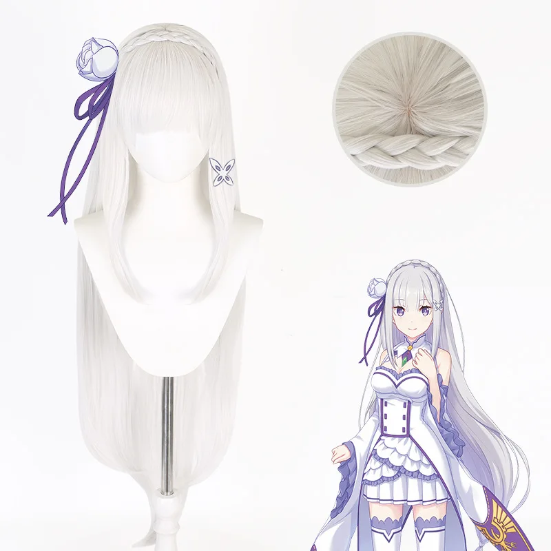Anime Emilia Cosplay-Perücke für Frauen, silberweiße gerade Perücke mit Pony für Halloween-Party