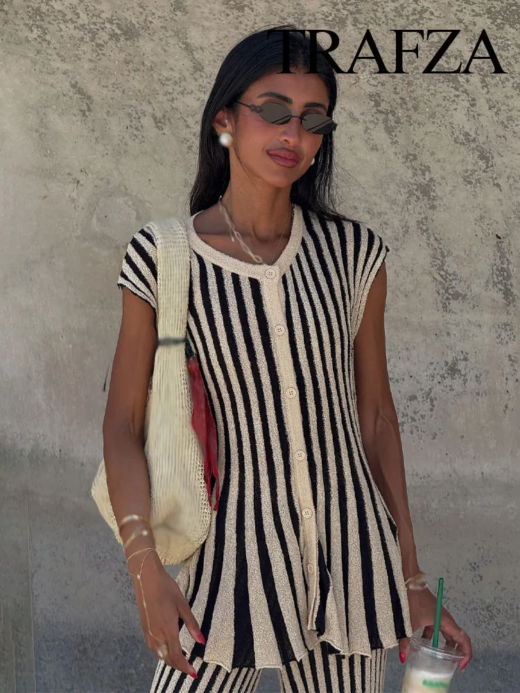 

TRAFZA Women Pants Suit Chic Stripe Single-Breasted Elasticity Knitted Sleeveless Slim Top+Elastic Waist Casual Loose Trousers