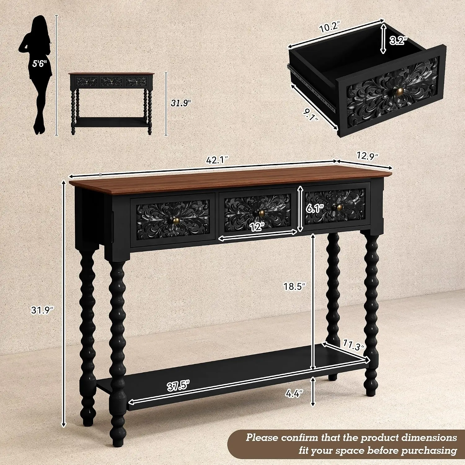 3-Drawer Vintage Carved Console Table for Entryway & Hallway, Decorative Accent Table with Beaded Legs, Black, Customized
