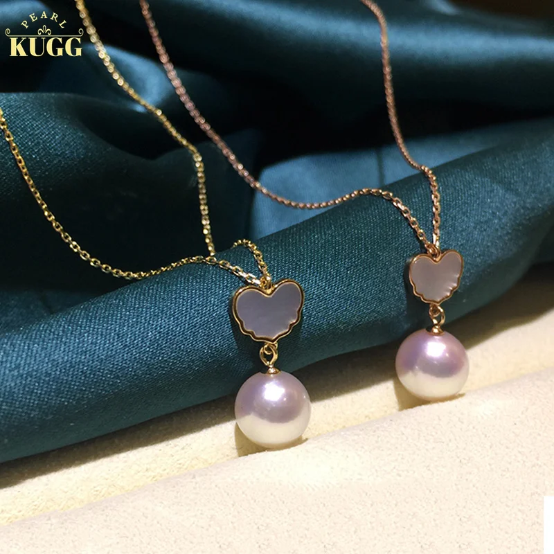 

KUGG 18K Yellow or Rose Gold Necklace 7.5-8mm Natural Akoya Pearl Elegant White Shellfish Romantic Style Party Jewelry for Lady