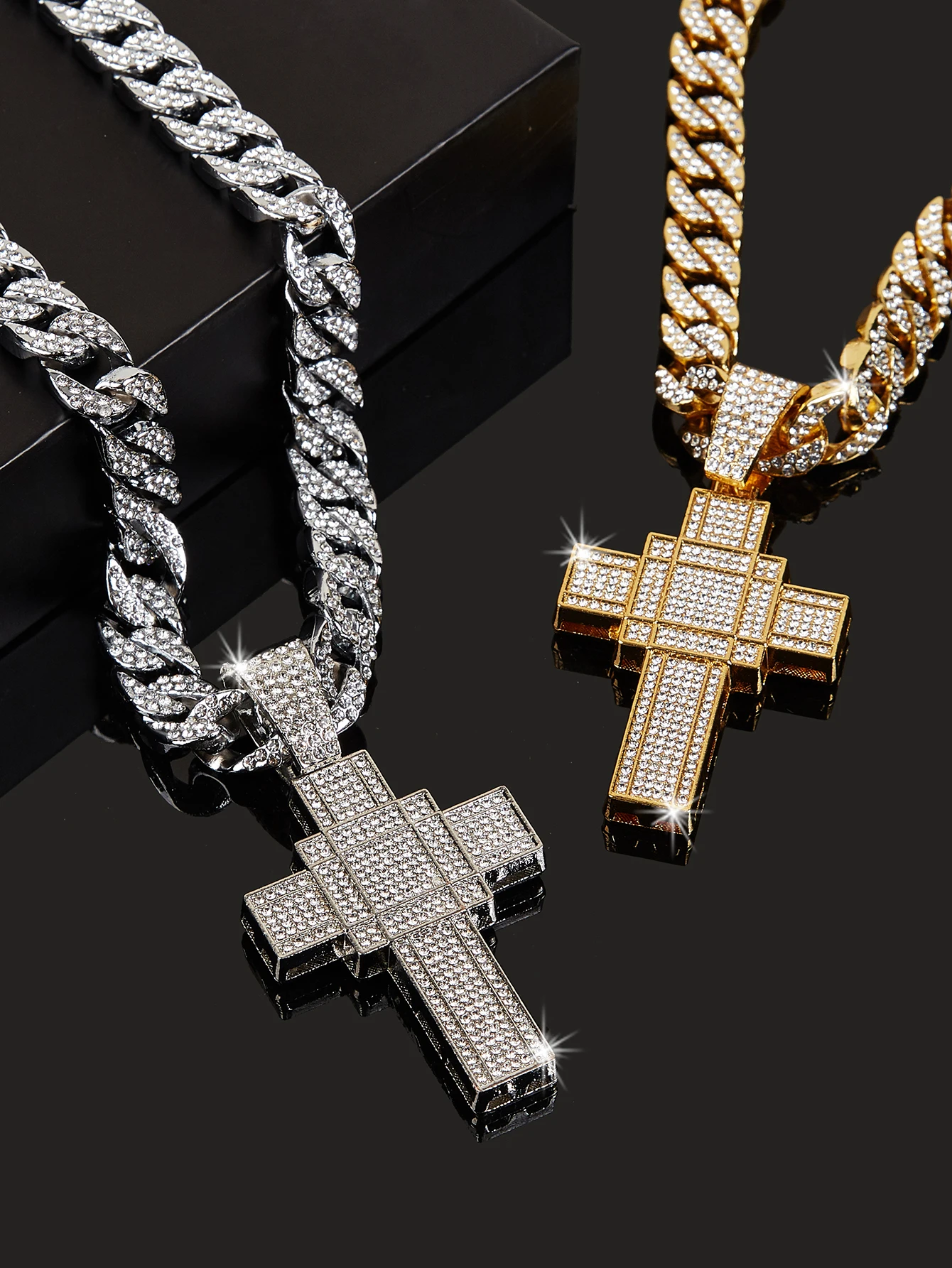 New Design Punk Rhinestones Decor Cross Pendant Ice Out Cuban Necklace For Hip Hop Party