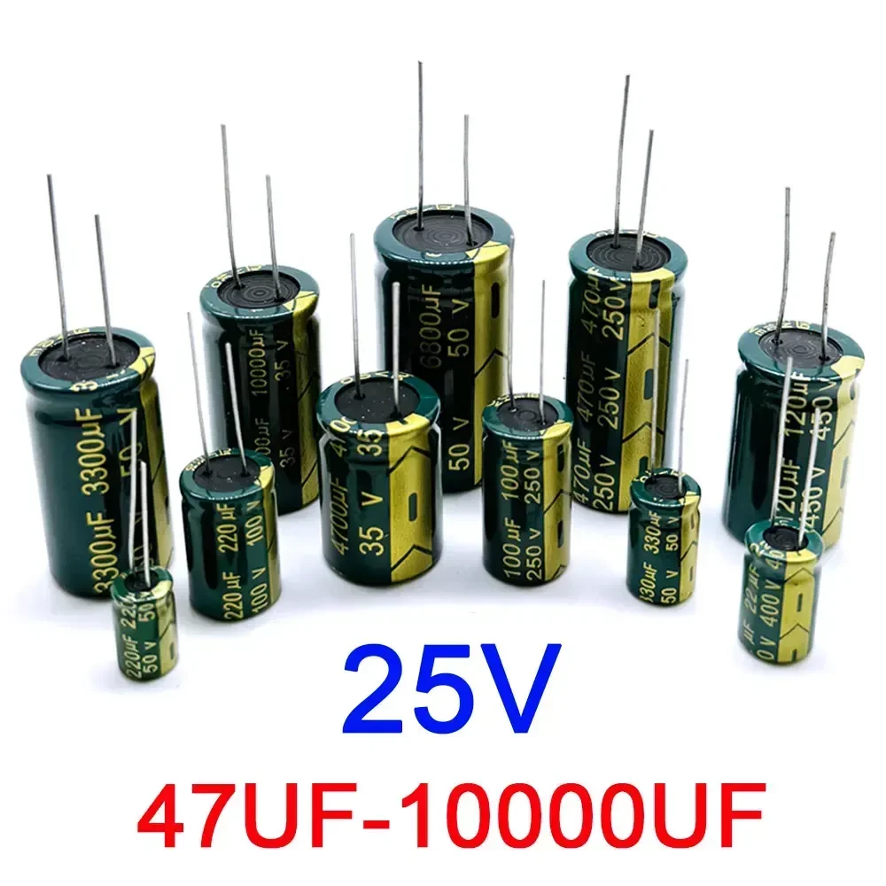 Capacitor eletrolítico de alta frequência 25V 47UF 100UF 220UF 330UF 470UF 680UF 1000UF 2200UF 3300UF 4700UF 6800UF 10000UF ±20%