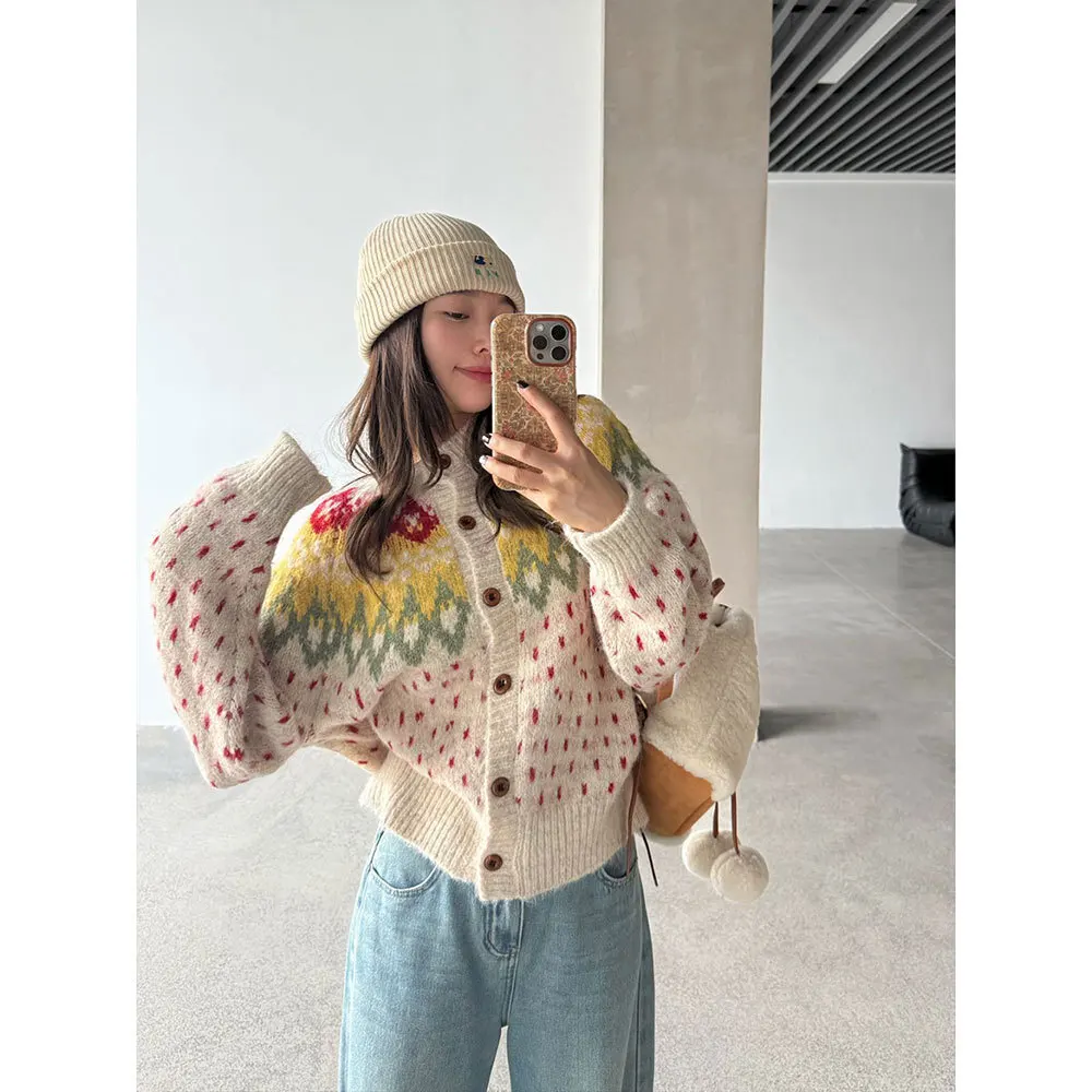 

Geo Wool Cardigan Sweater For Women 25 Autumn Winter Lazy Style Loose Knitted Top