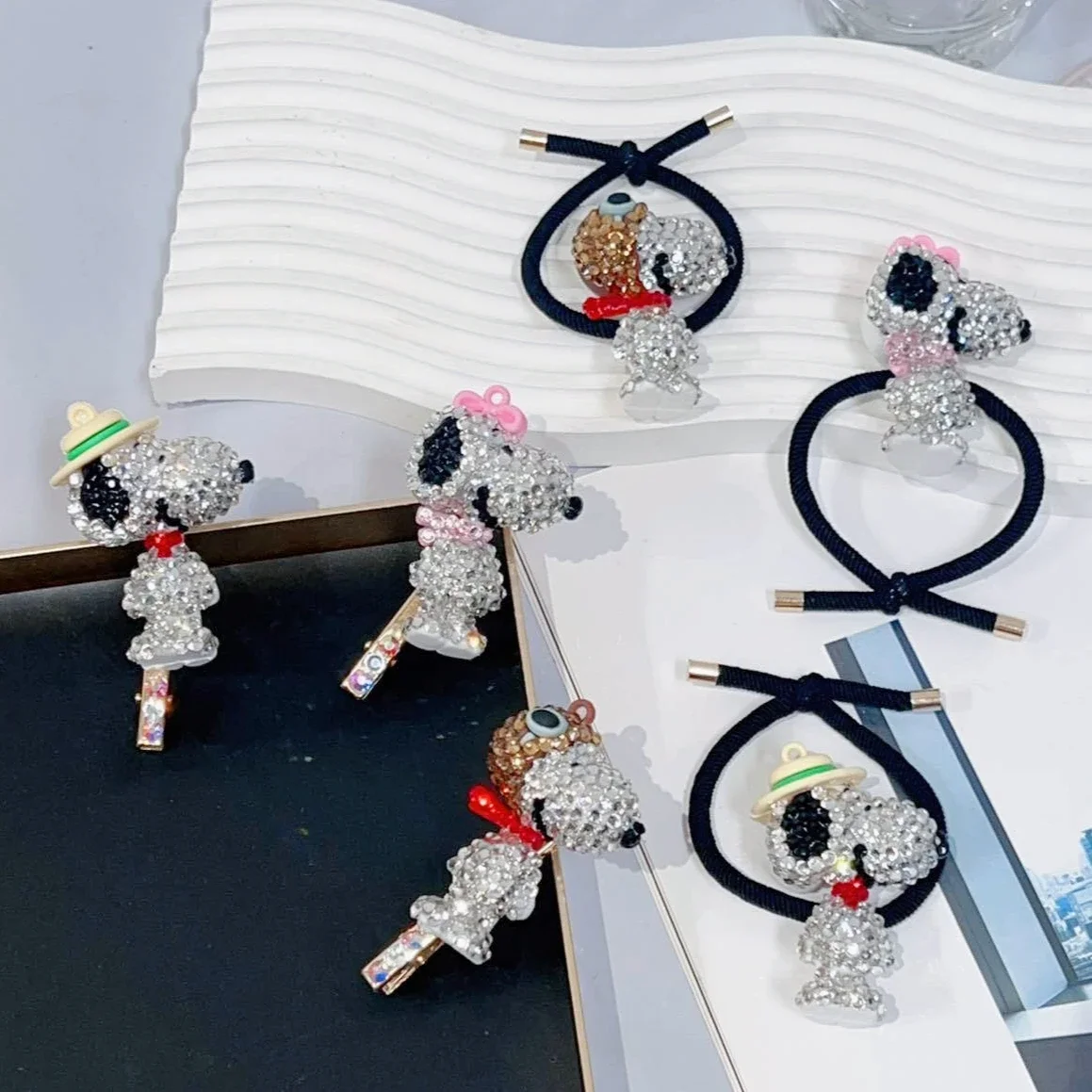 Fashion Snoopy Kawaii Full Diamond Hairpin Children Anime Rhinestone Hairband Cute Cartoon Hair Clip Tie Rubber Rope Accessories