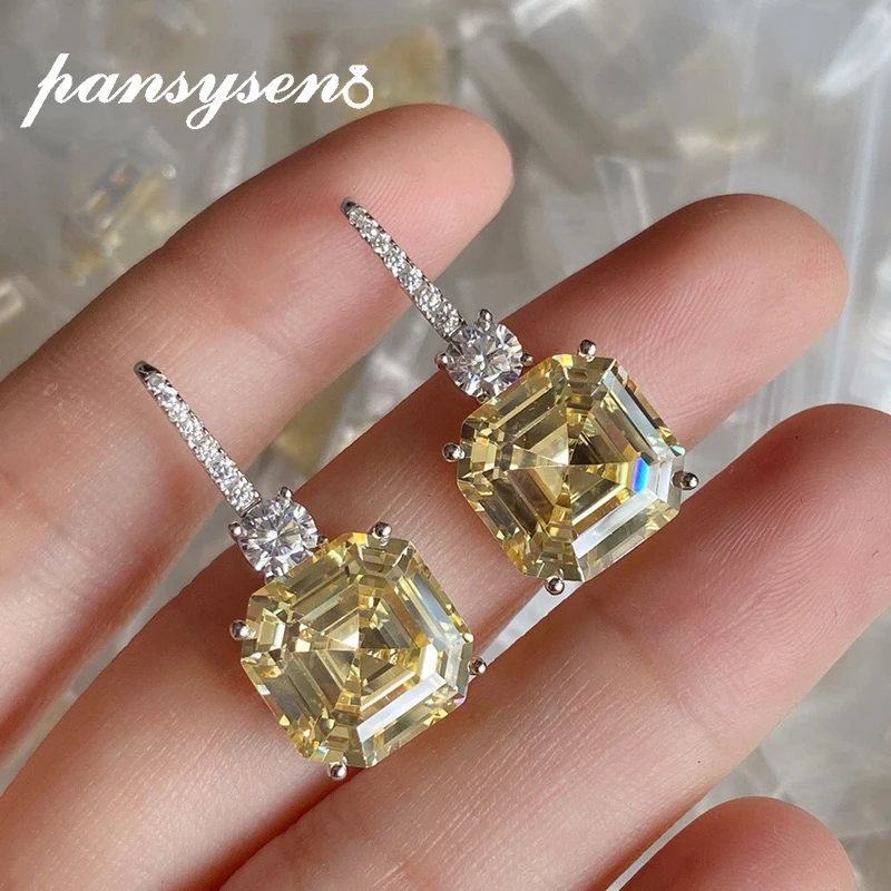 PANSYSEN 925 Sterling Silver Asscher Cut Simulated Moissanite Citrine Gemstone Drop Earrings for Women Wedding Fine Jewelry Gift